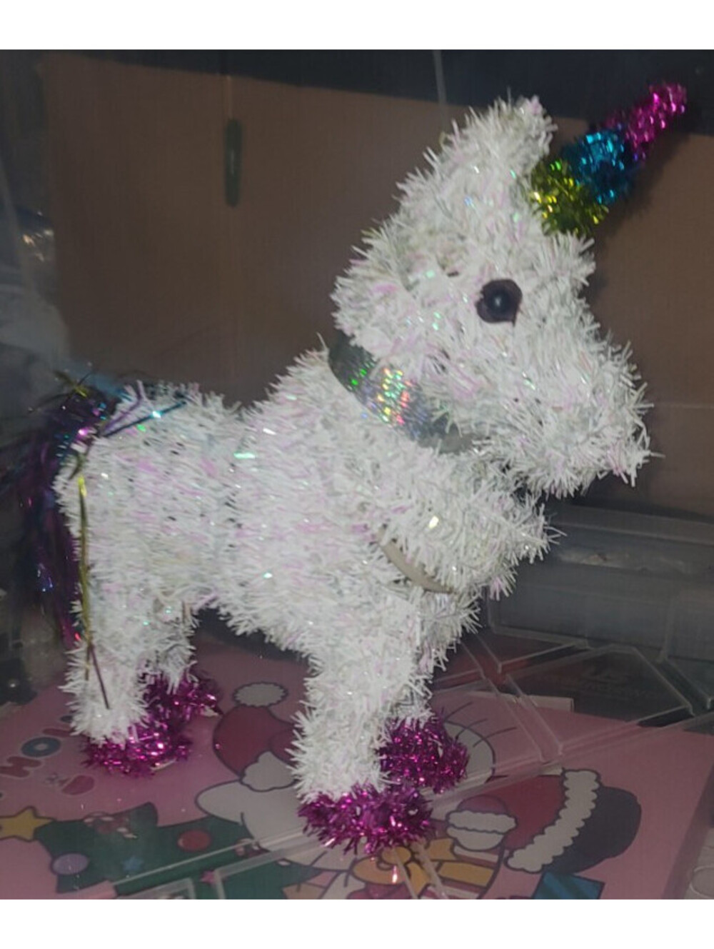 HOLIDAY TIME TINSEL UNICORN TABLETOP CHRISTMAS DECORATION, WHITE, 6 INCH